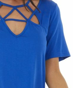 BiBi Tops Royal Blue Strappy Criss Cross Neckline Tee