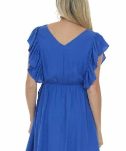 Glam Royal Blue Surplice Neck Ruffle Sleeve Short Dress Dresses