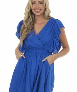 Glam Royal Blue Surplice Neck Ruffle Sleeve Short Dress Dresses