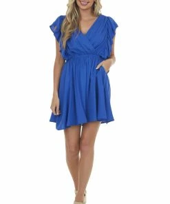 Glam Royal Blue Surplice Neck Ruffle Sleeve Short Dress Dresses