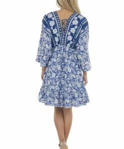 Jodifl Dresses Royal Blue Tropical 3/4 Sleeve Back Tie Dress