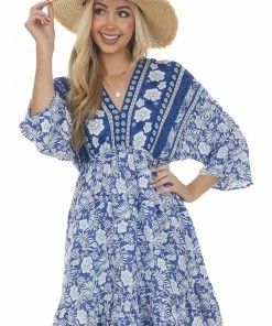 Jodifl Dresses Royal Blue Tropical 3/4 Sleeve Back Tie Dress
