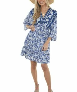 Jodifl Dresses Royal Blue Tropical 3/4 Sleeve Back Tie Dress