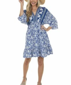 Jodifl Dresses Royal Blue Tropical 3/4 Sleeve Back Tie Dress