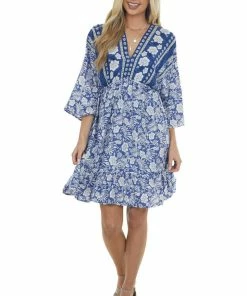Jodifl Dresses Royal Blue Tropical 3/4 Sleeve Back Tie Dress