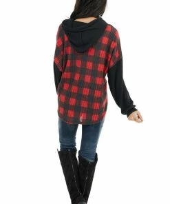 12PM Tops Ruby And Black Buffalo Plaid Hoodie With Working Tie Detail