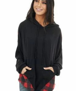 12PM Tops Ruby And Black Buffalo Plaid Hoodie With Working Tie Detail