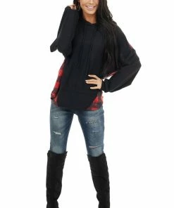 12PM Tops Ruby And Black Buffalo Plaid Hoodie With Working Tie Detail