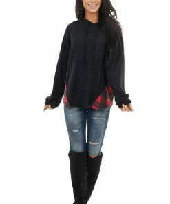 12PM Tops Ruby And Black Buffalo Plaid Hoodie With Working Tie Detail