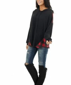 12PM Tops Ruby And Black Buffalo Plaid Hoodie With Working Tie Detail