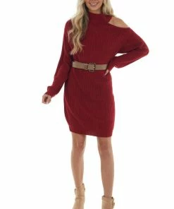 Davi & Dani Ruby Cold Shoulder Ribbed Knit Sweater Mini Dress