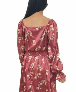 Peach Love Ruby Floral Bubble Sleeve Satin Mini Dress Dresses