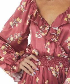 Peach Love Ruby Floral Bubble Sleeve Satin Mini Dress Dresses