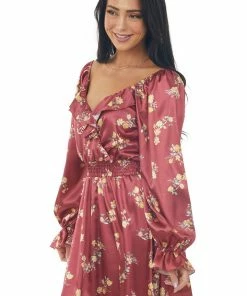 Peach Love Ruby Floral Bubble Sleeve Satin Mini Dress Dresses