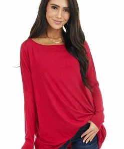 FSL APPAREL Ruby Long Sleeve Stretchy Knit Top With Boat Neckline Tops