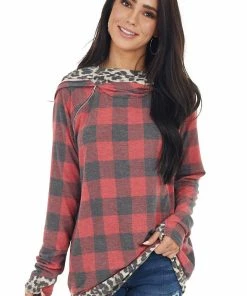 Vanilla Bay Ruby Red Buffalo Plaid Hoodie With Leopard Print Details
