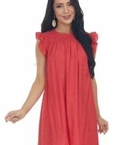 Umgee Ruby Red Smocked Yoke Woven Mini Dress