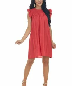 Umgee Ruby Red Smocked Yoke Woven Mini Dress