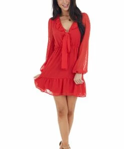 Peach Love Dresses Ruby Red Swiss Dot Woven Dress With Front Tie Closure