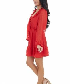 Peach Love Dresses Ruby Red Swiss Dot Woven Dress With Front Tie Closure