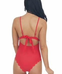 Beach Joy Bikini Ruby Scalloped Trim Deep V One Piece Swimsuit Accessories