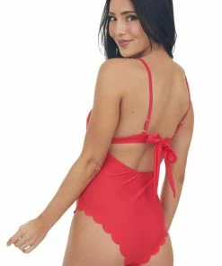 Beach Joy Bikini Ruby Scalloped Trim Deep V One Piece Swimsuit Accessories