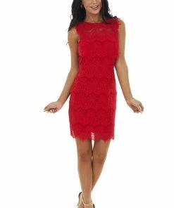 Main Strip Ruby Sleeveless Open Back Lace Dress With Scalloped Edges Dresses