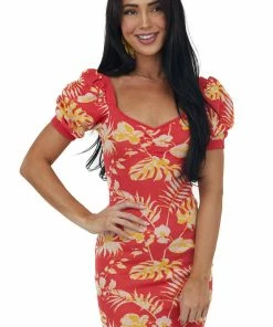 Flying Tomato Ruby Tropical Print Puff Sleeve Knit Mini Dress Dresses
