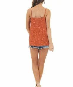 NAKED ZEBRA Rust And Ivory Polka Dot Spaghetti Strap Top