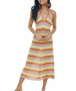 Lush Clothing Rust Chevron Halter Neck Tie Strap Knit Dress