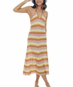 Lush Clothing Rust Chevron Halter Neck Tie Strap Knit Dress