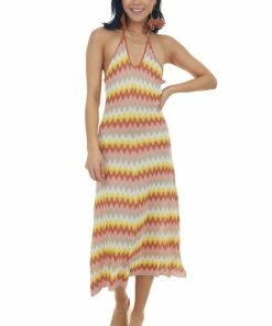 Lush Clothing Rust Chevron Halter Neck Tie Strap Knit Dress