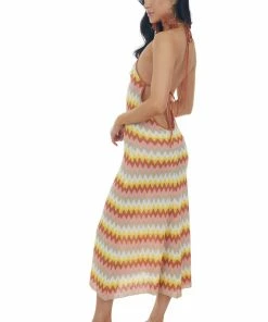 Lush Clothing Rust Chevron Halter Neck Tie Strap Knit Dress