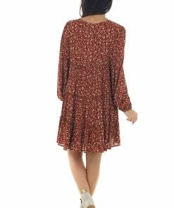 Newbury Kustom Rust Ditsy Floral Puff Sleeve Tiered Dress