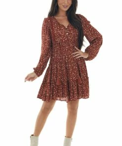 Newbury Kustom Rust Ditsy Floral Puff Sleeve Tiered Dress