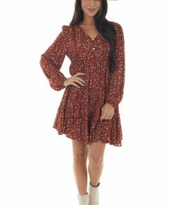 Newbury Kustom Rust Ditsy Floral Puff Sleeve Tiered Dress