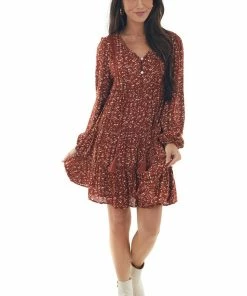 Newbury Kustom Rust Ditsy Floral Puff Sleeve Tiered Dress