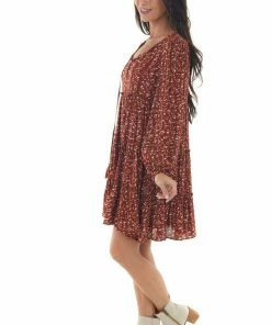 Newbury Kustom Rust Ditsy Floral Puff Sleeve Tiered Dress