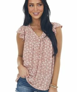 Ces Femme Rust Floral Babydoll Flutter Sleeve Knit Top Tops