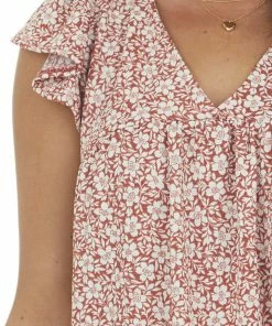 Ces Femme Rust Floral Babydoll Flutter Sleeve Knit Top Tops