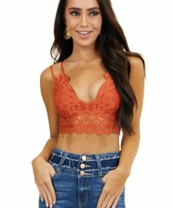 Anemone Accessories Rust Floral Lace Bralette With Criss Cross Straps