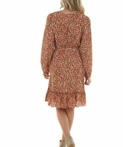 Davi & Dani Rust Floral Long Sleeve Surplice Neck Dress Dresses