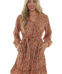 Davi & Dani Rust Floral Long Sleeve Surplice Neck Dress Dresses
