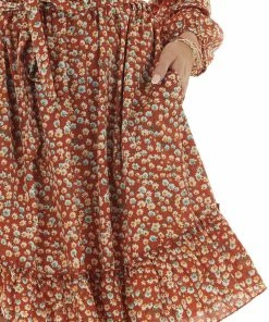 Davi & Dani Rust Floral Long Sleeve Surplice Neck Dress Dresses