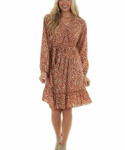 Davi & Dani Rust Floral Long Sleeve Surplice Neck Dress Dresses