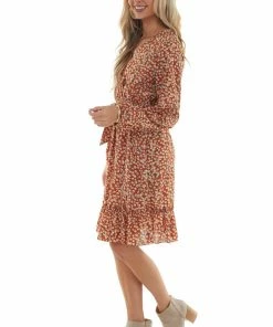 Davi & Dani Rust Floral Long Sleeve Surplice Neck Dress Dresses