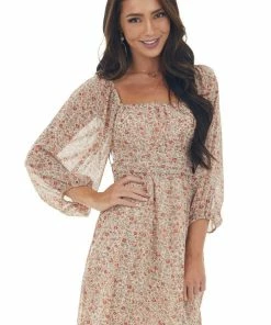 LE LIS Dresses Rust Floral Print Bubble Sleeve Skater Dress