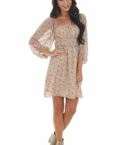 LE LIS Dresses Rust Floral Print Bubble Sleeve Skater Dress