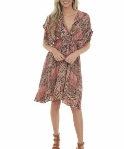 Sweet Lemon Dresses Rust Floral Print Plunging V Neck Short Dress