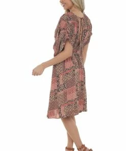 Sweet Lemon Dresses Rust Floral Print Plunging V Neck Short Dress